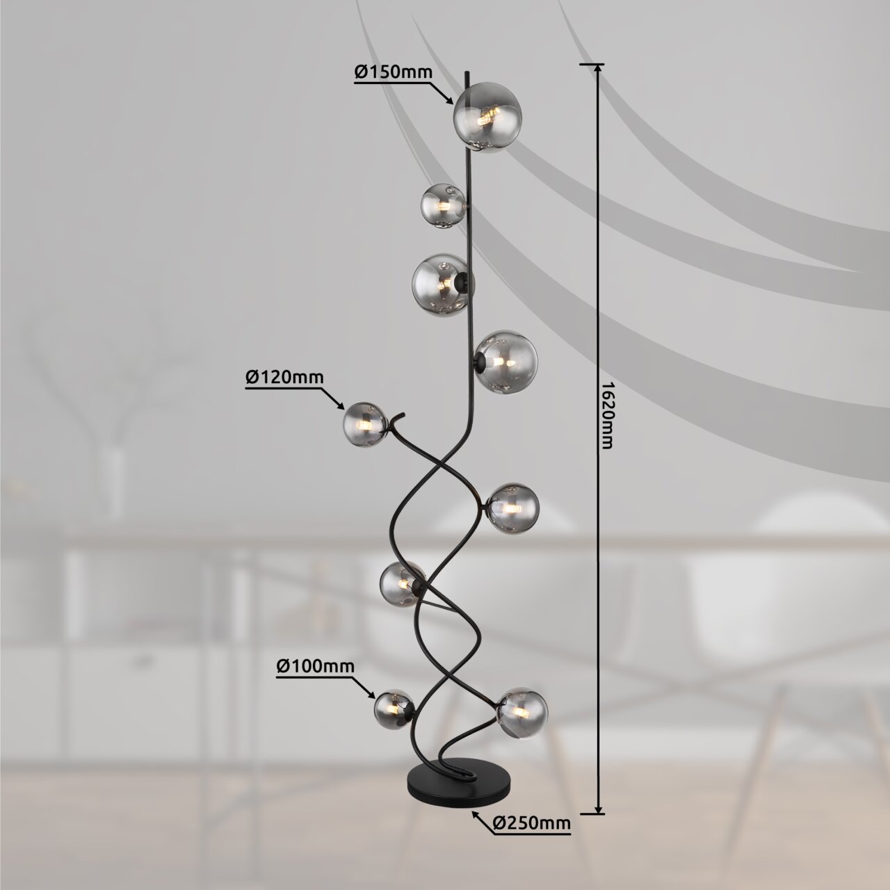 Moderne Stehleuchte mit spiralförmigem Design und mehreren Glaskugeln, seitliche Perspektive