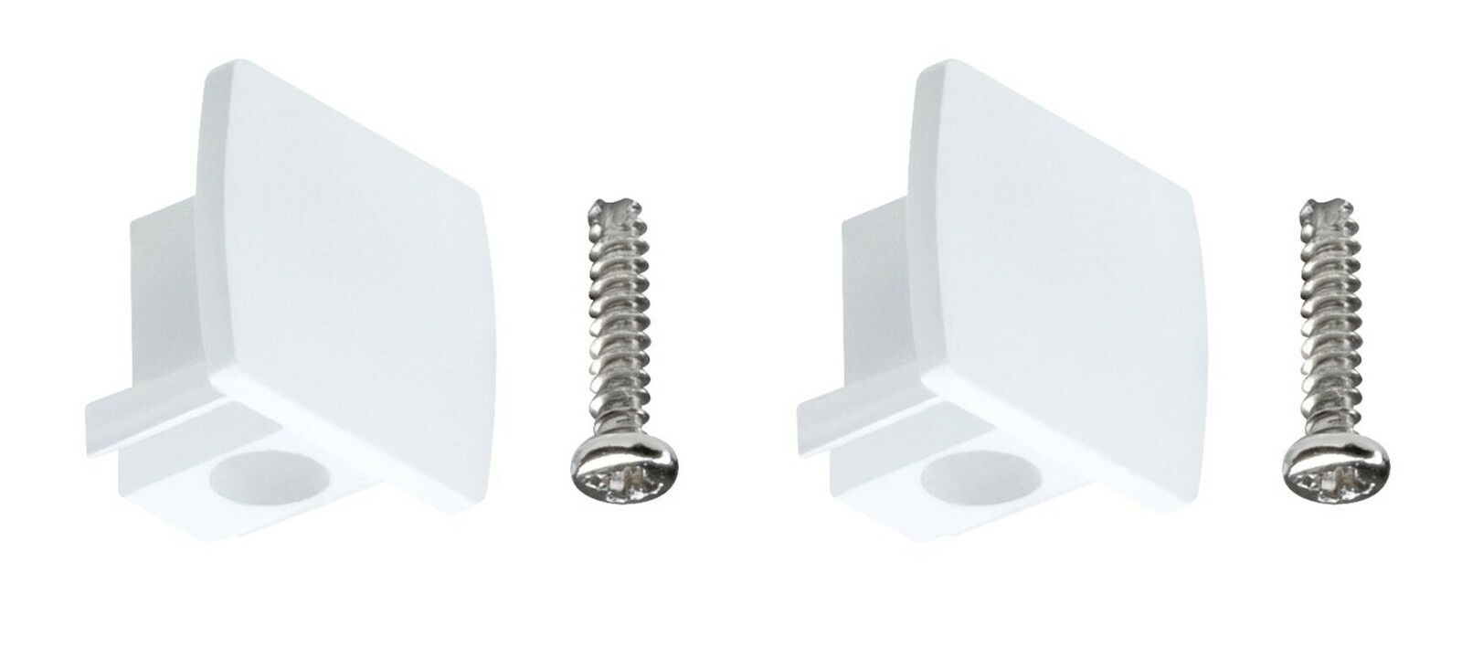 Zwei weiße Endkappen mit Schrauben, seitliche Perspektive