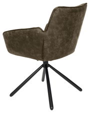 Rückansicht eines Armlehnstuhls mit dunkelgrünem Stoffbezug und schwarzem Metallgestell