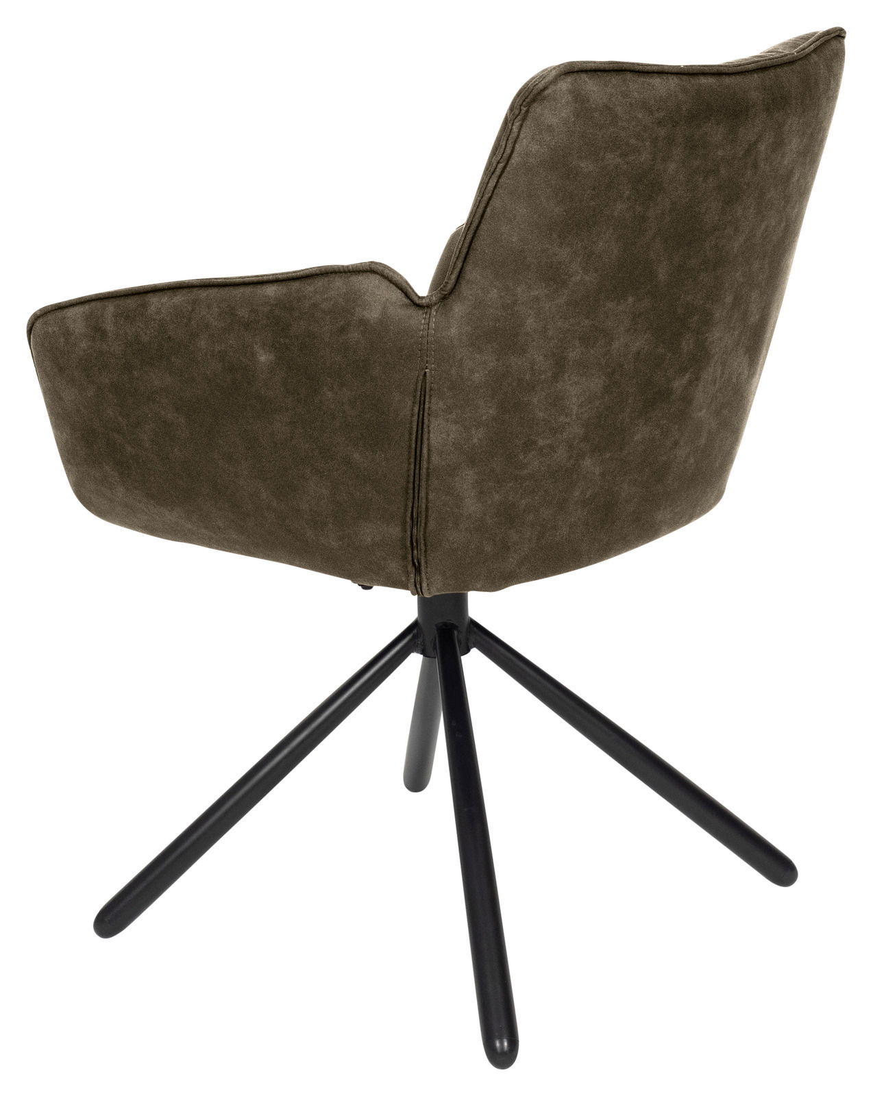 Rückansicht eines Armlehnstuhls mit dunkelgrünem Stoffbezug und schwarzem Metallgestell