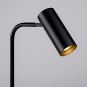 Schwarze, minimalistische Stehleuchte mit zylindrischem Lampenkopf und goldfarbener Innenseite, Detailaufnahme aus seitlicher Perspektive vor hellem Hintergrund