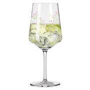 Wijnglas met bloemmotief en ijsblokjes, zijaanzicht
