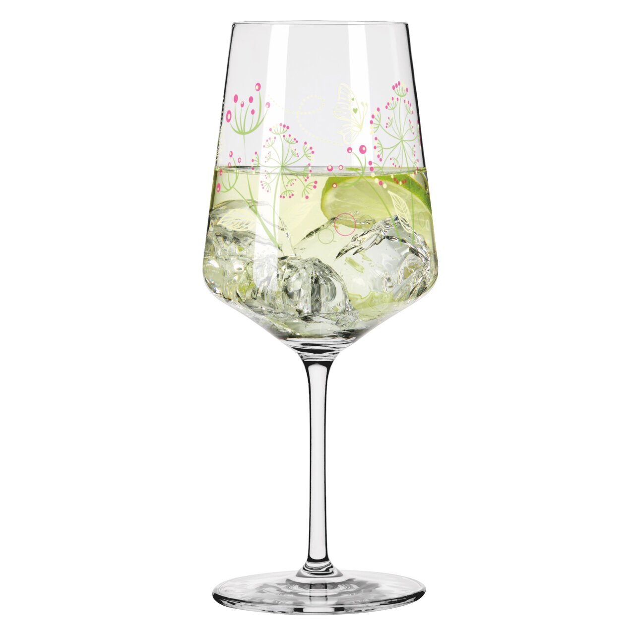Wijnglas met bloemmotief en ijsblokjes, zijaanzicht