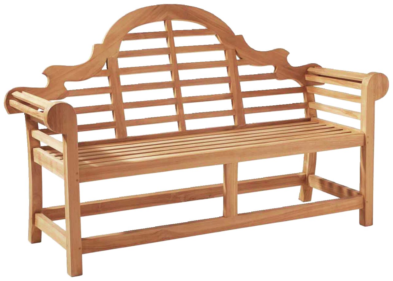 Holzbank mit geschwungener Rückenlehne und Armlehnen, seitliche Perspektive