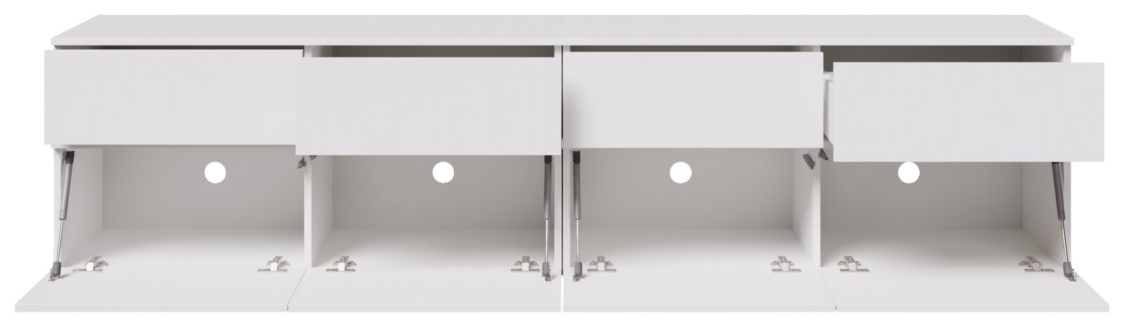 Weißes Lowboard/TV-Board mit vier Klappfächern und Gasdruckdämpfern, geöffnet, Frontansicht.