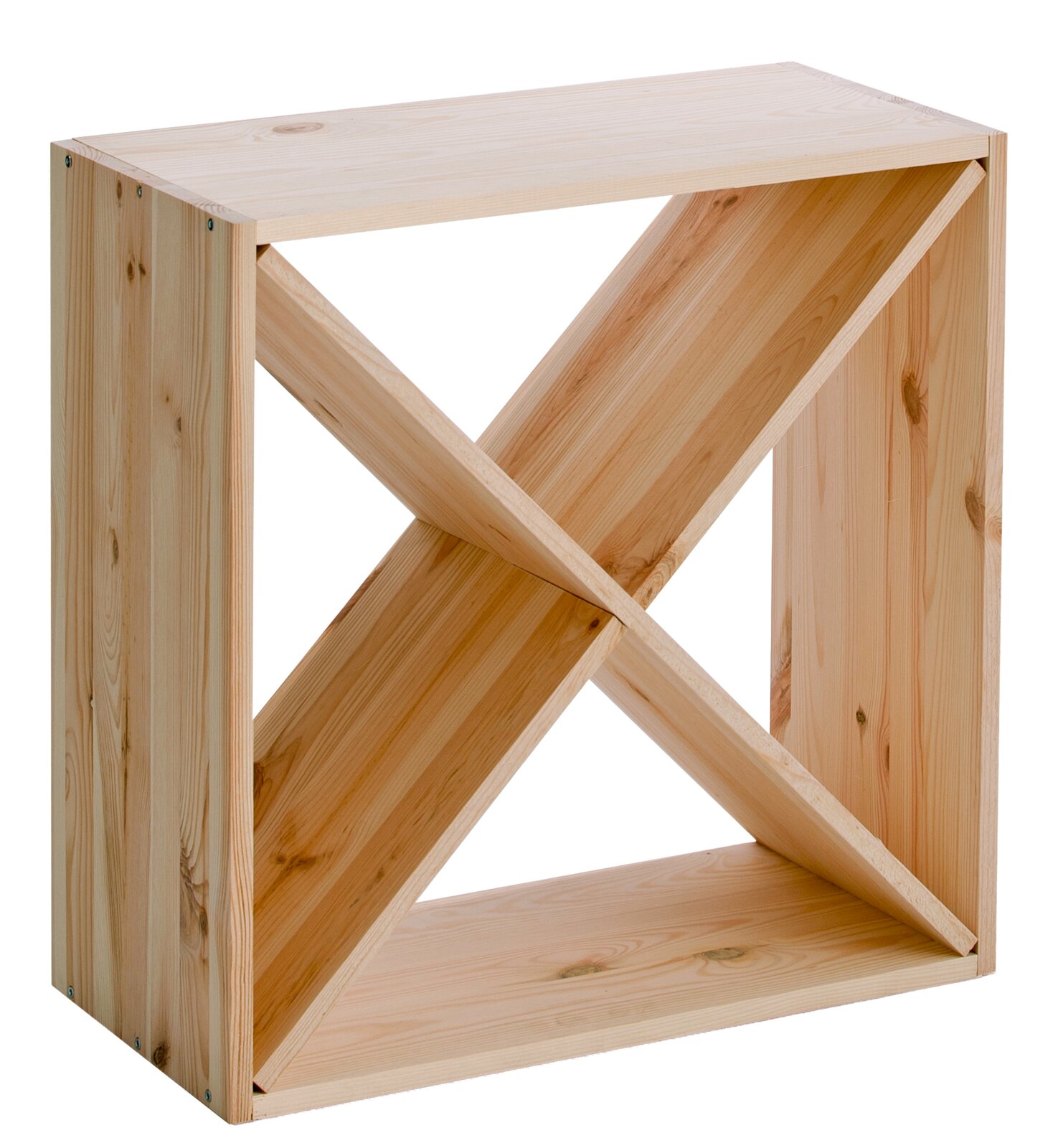 Weinregal aus Holz mit X-förmigen Fächern, Perspektive von vorne links