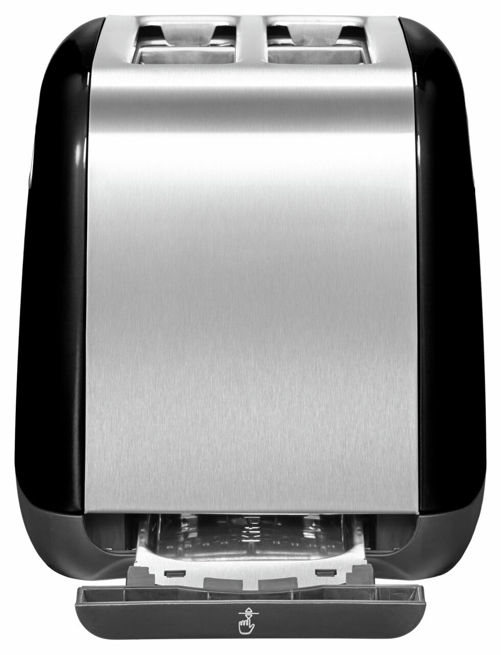KitchenAid-broodrooster voor twee sneetjes in Onyx, vooraanzicht met uitgetrokken kruimellade