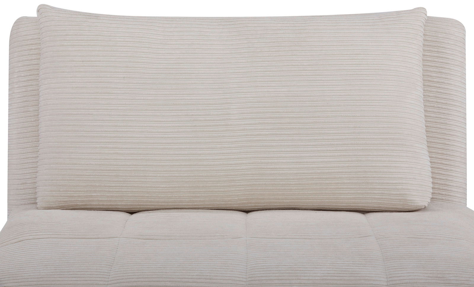 Nahaufnahme eines beigen Funktionssessels mit geripptem Stoffbezug, Vorderansicht