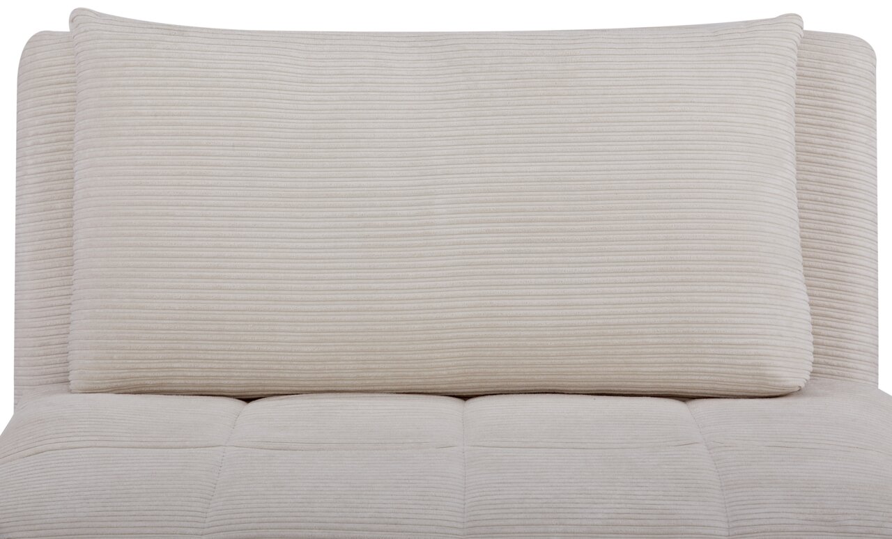 Nahaufnahme eines beigen Funktionssessels mit geripptem Stoffbezug, Vorderansicht