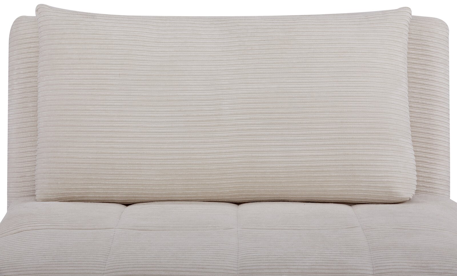 Nahaufnahme eines beigen Funktionssessels mit geripptem Stoffbezug, Vorderansicht