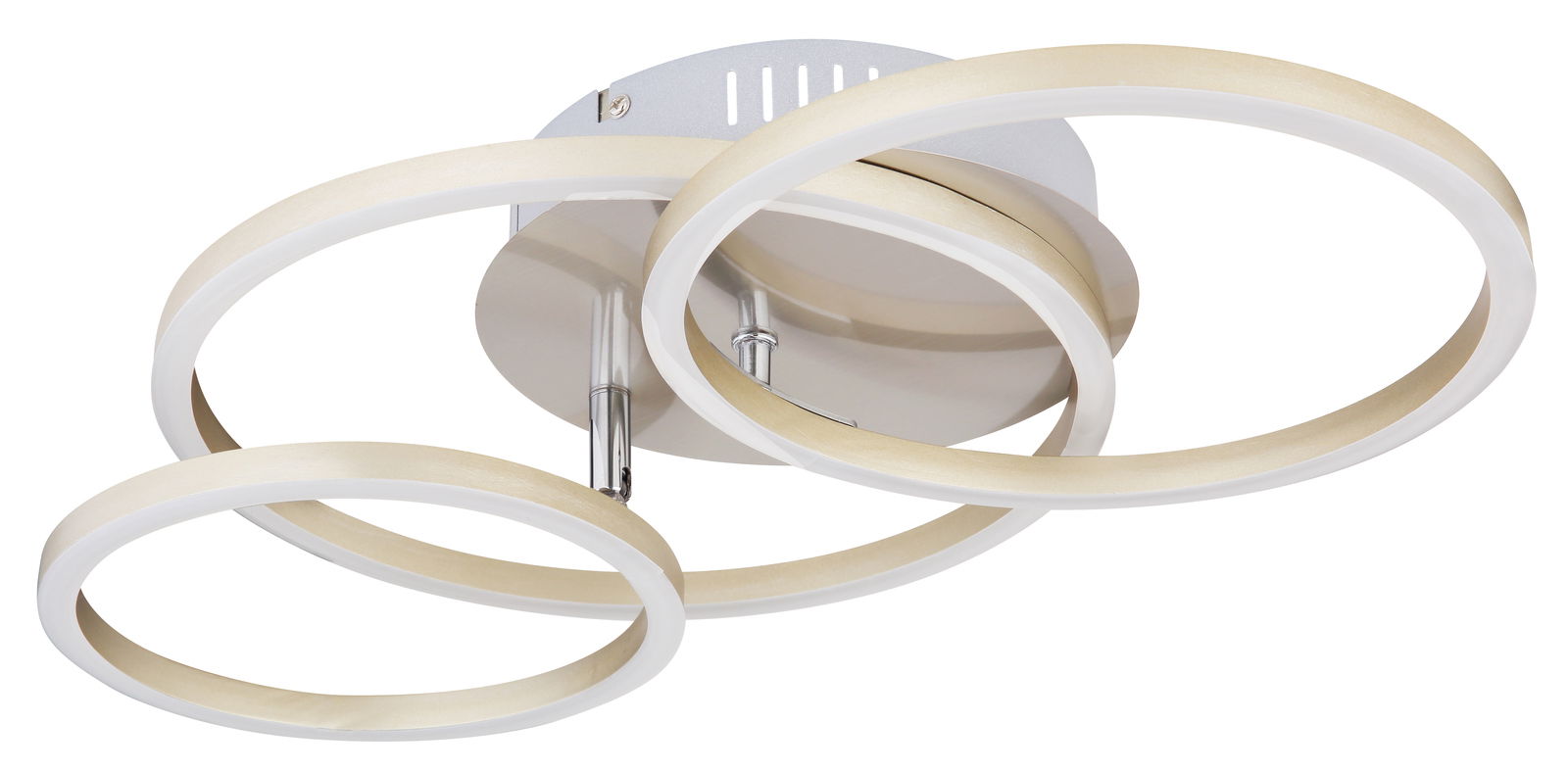 Moderne Deckenleuchte KENDY mit drei ineinander verschlungenen LED-Ringen, seitliche Perspektive