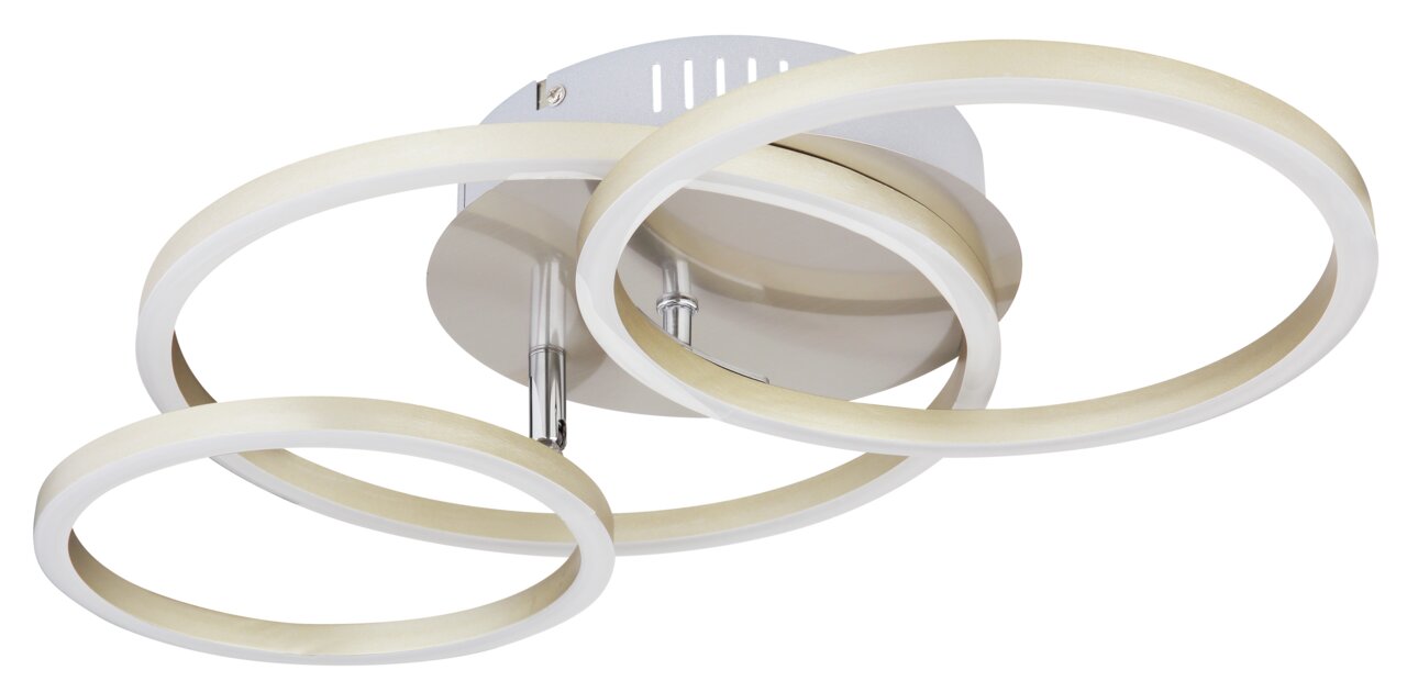 Moderne Deckenleuchte KENDY mit drei ineinander verschlungenen LED-Ringen, seitliche Perspektive