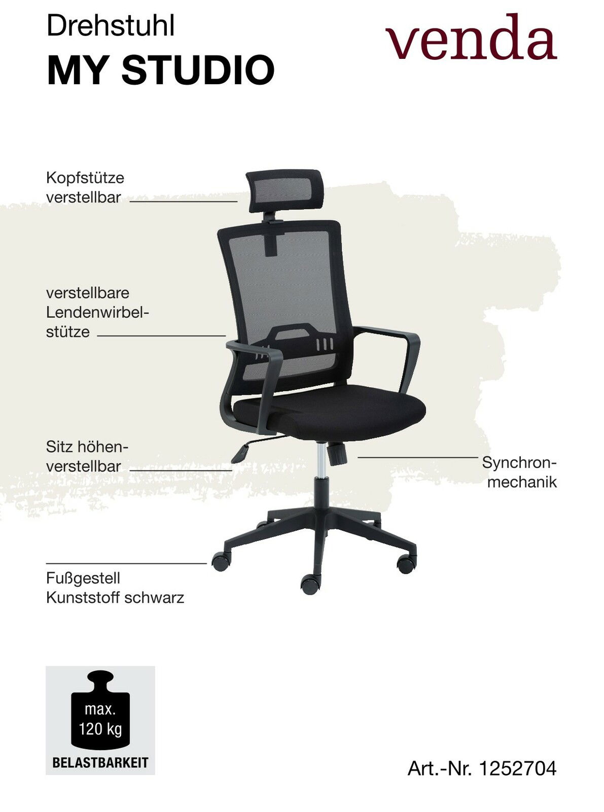 Drehstuhl mit verstellbarer Kopfstütze, Lendenwirbelstütze und Sitzhöhe, schwarzes Kunststoff-Fußgestell, seitliche Perspektive