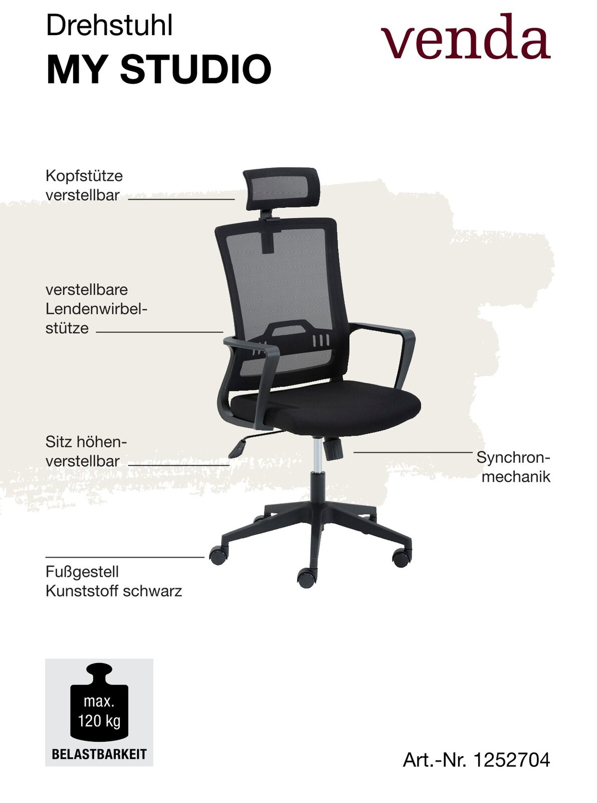 Drehstuhl mit verstellbarer Kopfstütze, Lendenwirbelstütze und Sitzhöhe, schwarzes Kunststoff-Fußgestell, seitliche Perspektive
