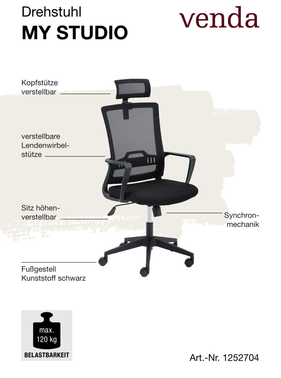 Drehstuhl mit verstellbarer Kopfstütze, Lendenwirbelstütze und Sitzhöhe, schwarzes Kunststoff-Fußgestell, seitliche Perspektive