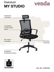 Drehstuhl mit verstellbarer Kopfstütze, Lendenwirbelstütze und Sitzhöhe, schwarzes Kunststoff-Fußgestell, seitliche Perspektive