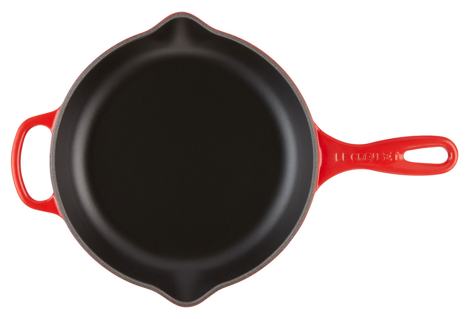 Rote Brat- und Servierpfanne aus Gusseisen mit zwei Griffen, Draufsicht