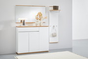 Moderne Garderobenkombination mit weißem Sideboard, großem Spiegel und Garderobenpaneel, seitliche Perspektive