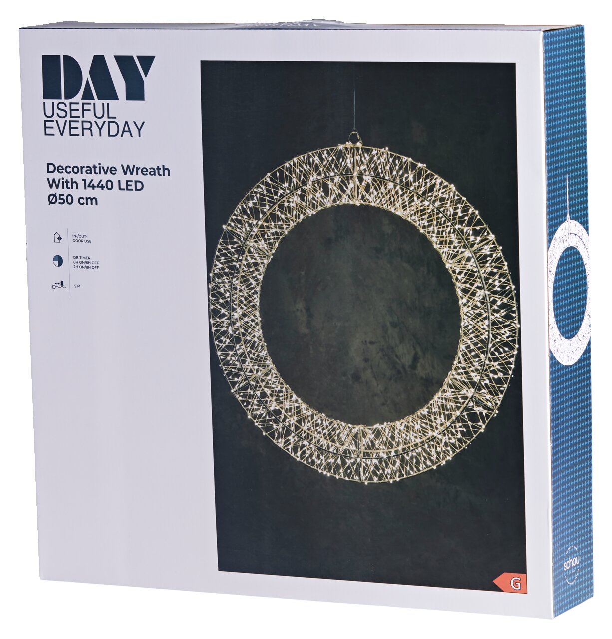 LED-Kranz mit 1440 LEDs, Durchmesser 50 cm, in Frontalansicht auf dunklem Hintergrund.