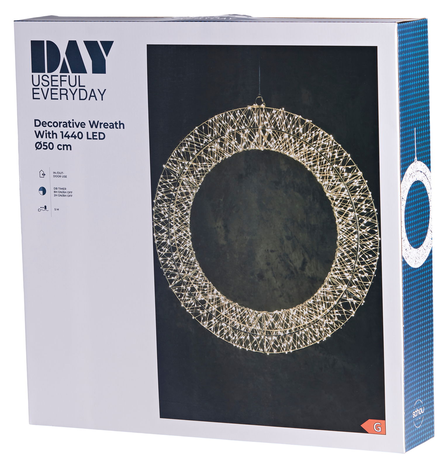 LED-Kranz mit 1440 LEDs, Durchmesser 50 cm, in Frontalansicht auf dunklem Hintergrund.