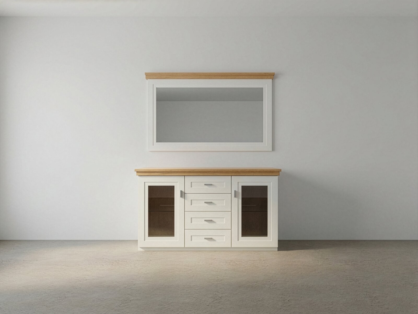 Frontansicht eines weißen Sideboards mit Holzplatte, zwei Glastüren und vier Schubladen, darüber ein passender Wandspiegel mit Holzabschluss vor heller Wand