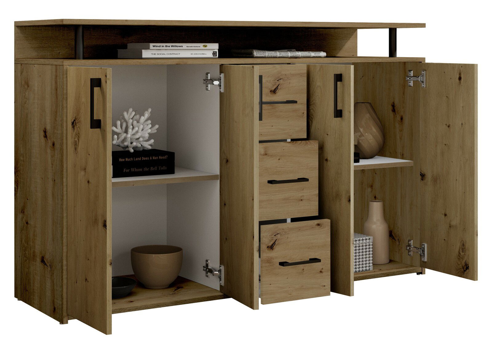 Offenes Sideboard aus Holz mit zwei Türen und drei Schubladen, dekoriert mit Büchern, Vasen und einem Korallenornament. Frontale Perspektive.