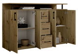 Offenes Sideboard aus Holz mit zwei Türen und drei Schubladen, dekoriert mit Büchern, Vasen und einem Korallenornament. Frontale Perspektive.
