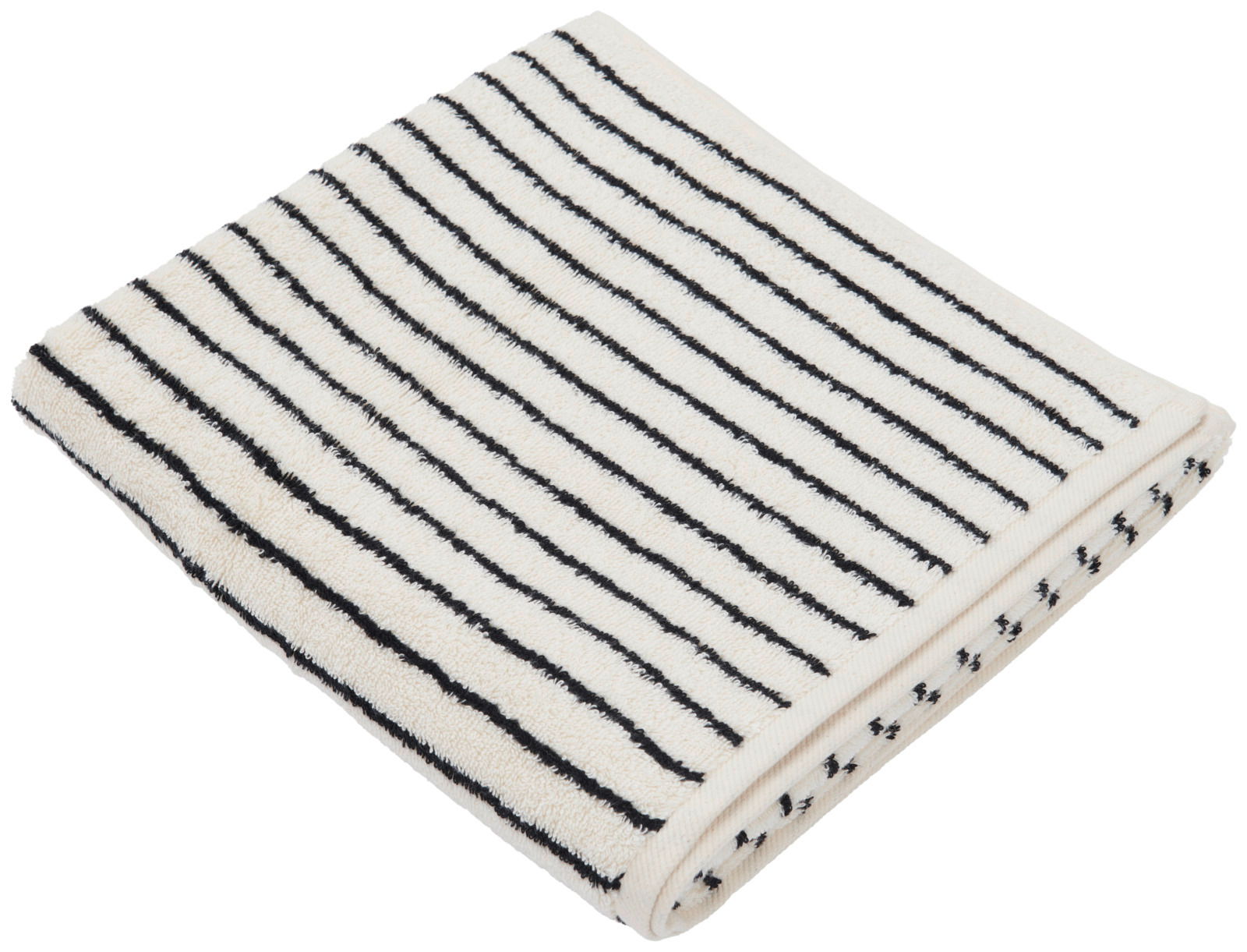 Gefaltetes Duschtuch mit schwarzen Streifen auf weißem Hintergrund, von schräg oben fotografiert.