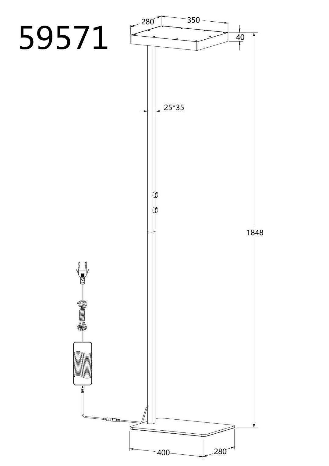 Technische Strichzeichnung einer LED-Stehleuchte mit rechteckigem Leuchtenkopf (350×280×40 mm), zwei Tastern am Mast, Netzteil und Stecker sowie Standfuß (400×280 mm), Gesamthöhe 1848 mm, Ansicht von vorn.