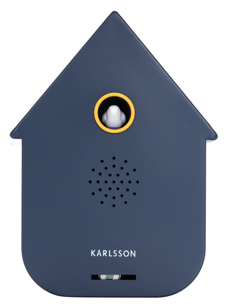 Vorderansicht einer modernen, dunkelblauen Soundbox in Form eines Hauses mit einem kleinen weißen Vogel in einem gelben Kreis.