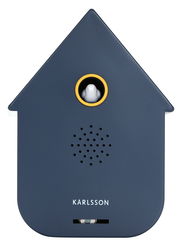 Vorderansicht einer modernen, dunkelblauen Soundbox in Form eines Hauses mit einem kleinen weißen Vogel in einem gelben Kreis.