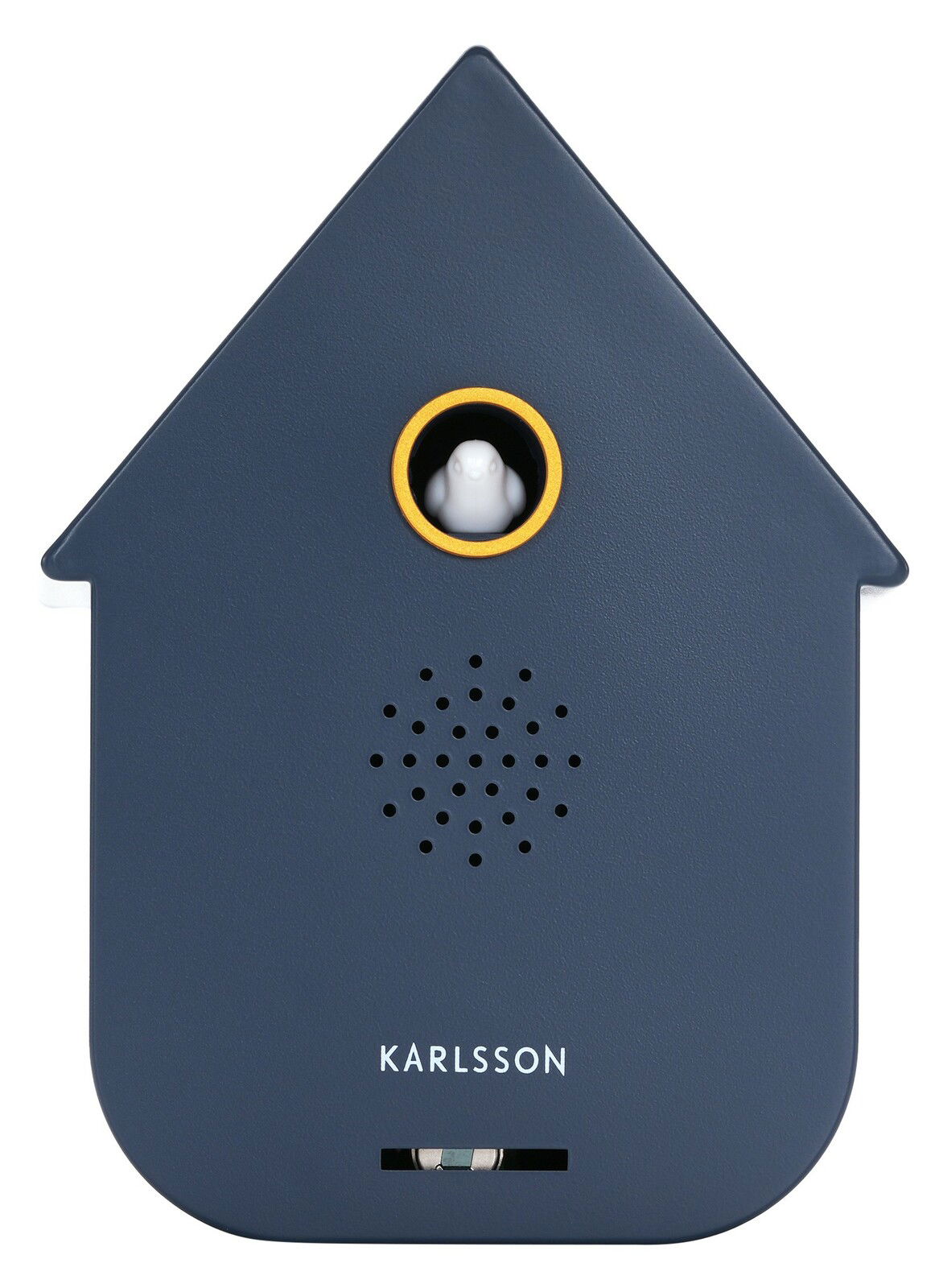 Vorderansicht einer modernen, dunkelblauen Soundbox in Form eines Hauses mit einem kleinen weißen Vogel in einem gelben Kreis.