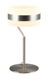Moderne Tischleuchte mit rundem, weißem Lampenschirm und metallischem Streifen, seitliche Perspektive