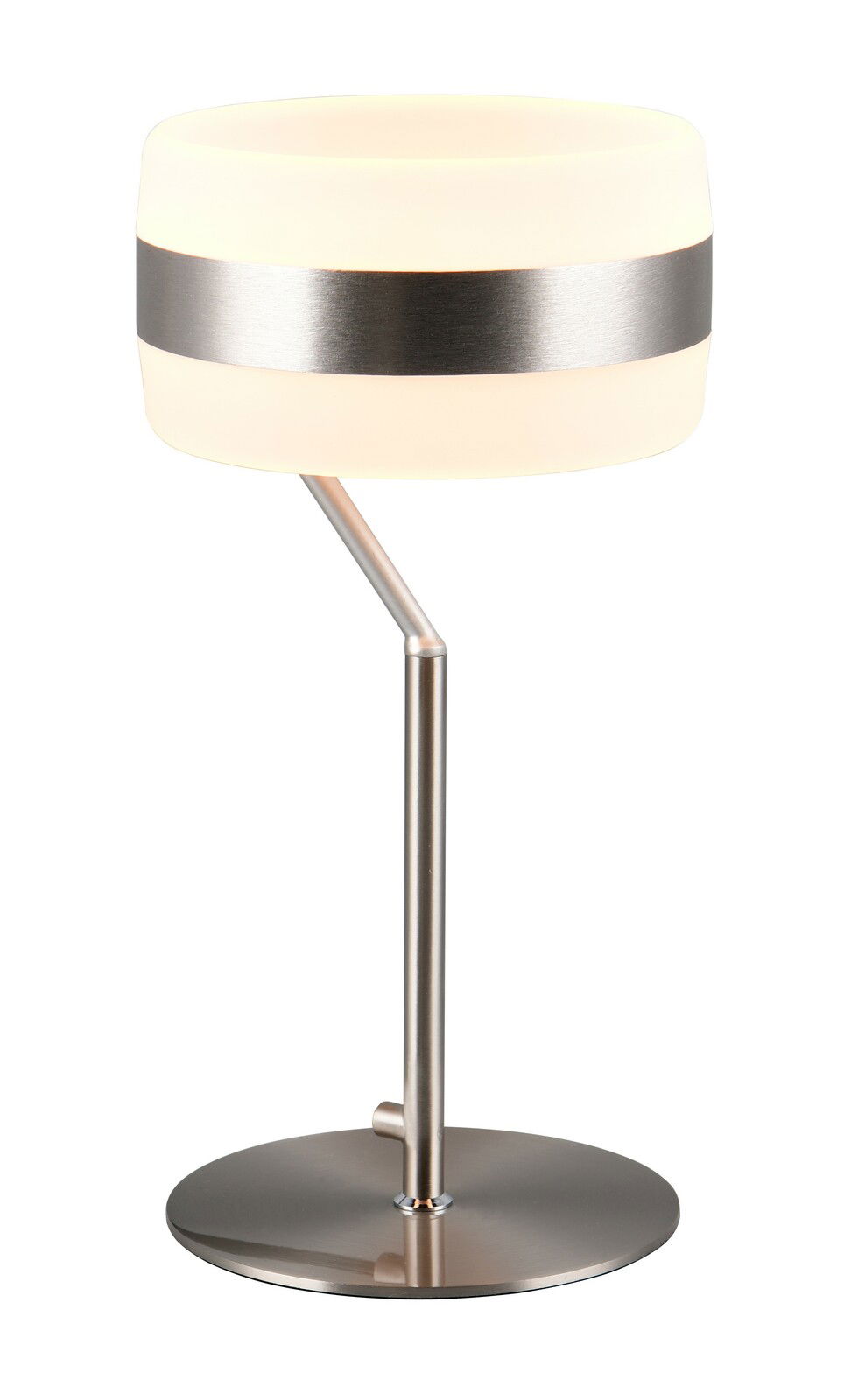 Moderne Tischleuchte mit rundem, weißem Lampenschirm und metallischem Streifen, seitliche Perspektive