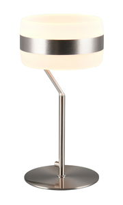 Moderne Tischleuchte mit rundem, weißem Lampenschirm und metallischem Streifen, seitliche Perspektive