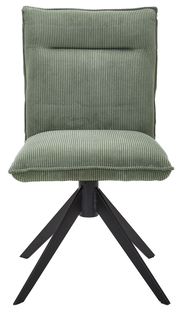 Grüner Stuhl mit geripptem Stoffbezug und schwarzem Metallgestell, Frontalansicht