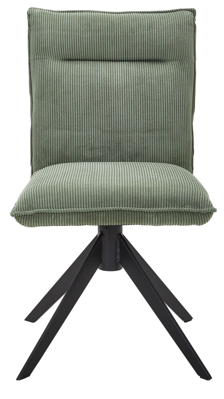 Grüner Stuhl mit geripptem Stoffbezug und schwarzem Metallgestell, Frontalansicht