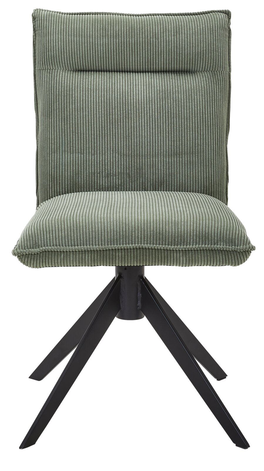 Grüner Stuhl mit geripptem Stoffbezug und schwarzem Metallgestell, Frontalansicht