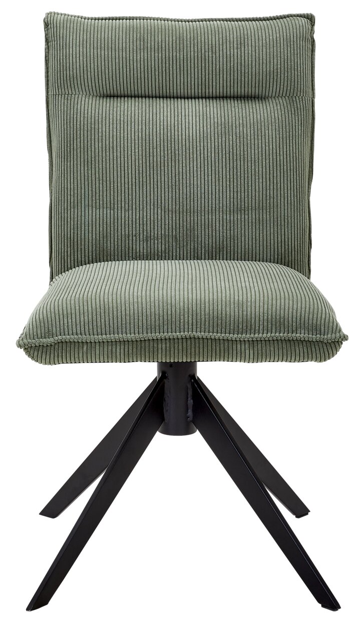 Grüner Stuhl mit geripptem Stoffbezug und schwarzem Metallgestell, Frontalansicht