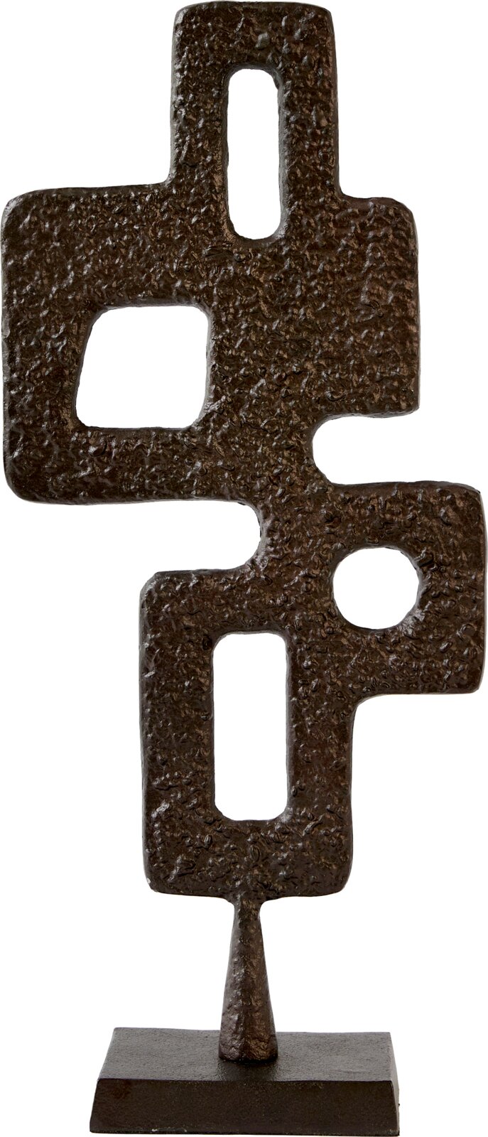 Abstract donkerbruin metalen sculptuur met geometrische openingen en een robuuste reliëfstructuur, in vooraanzicht op een rechthoekige voet