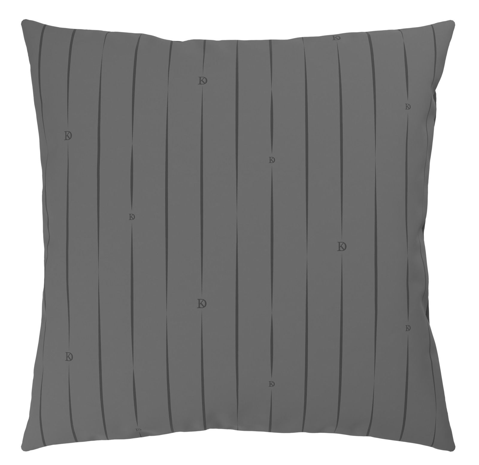 Graues Kissen mit vertikalen Streifen und kleinen Buchstaben, Vorderansicht