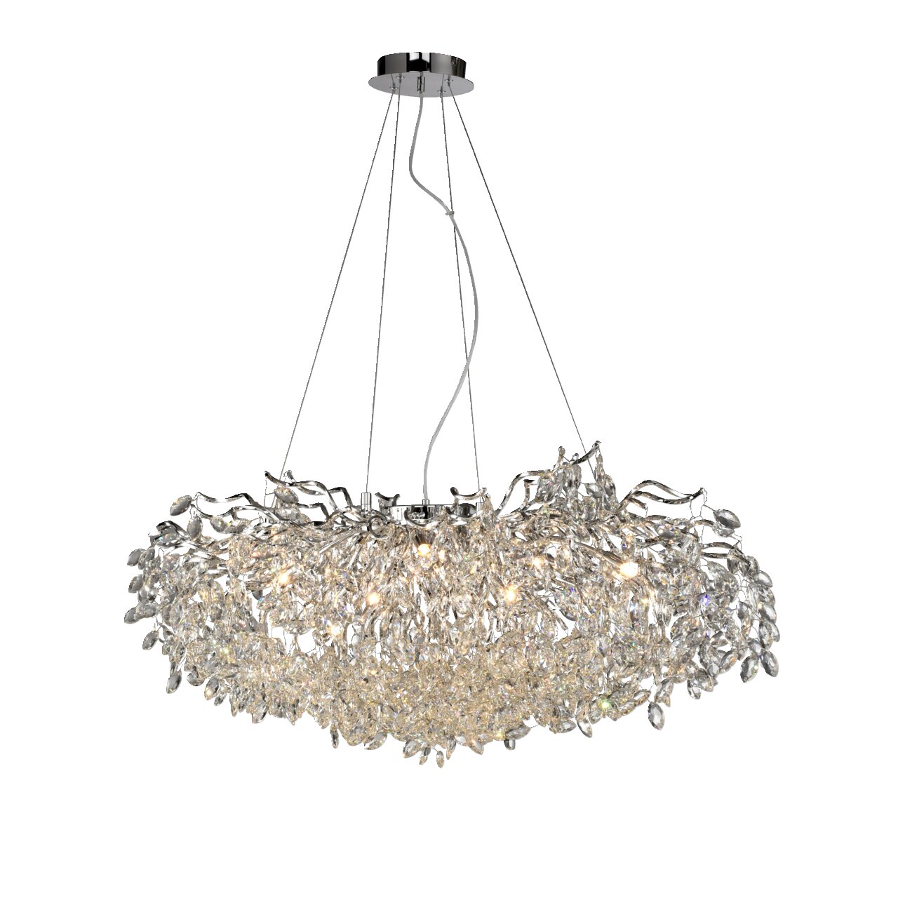 Moderner Kronleuchter RICICLE mit funkelnden Kristallen, von unten betrachtet.