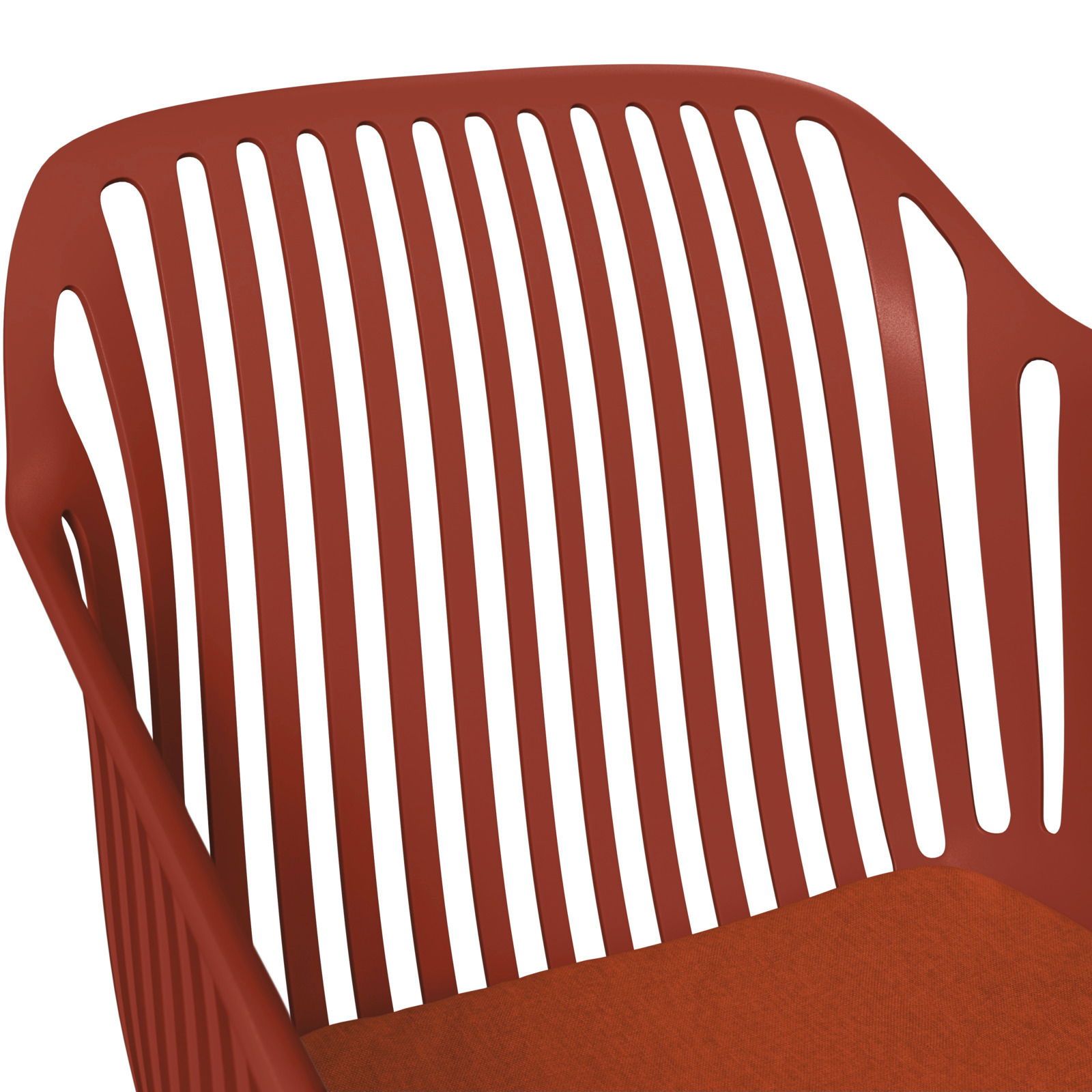 Roter Stapelsessel mit Lamellenrückenlehne, seitliche Perspektive