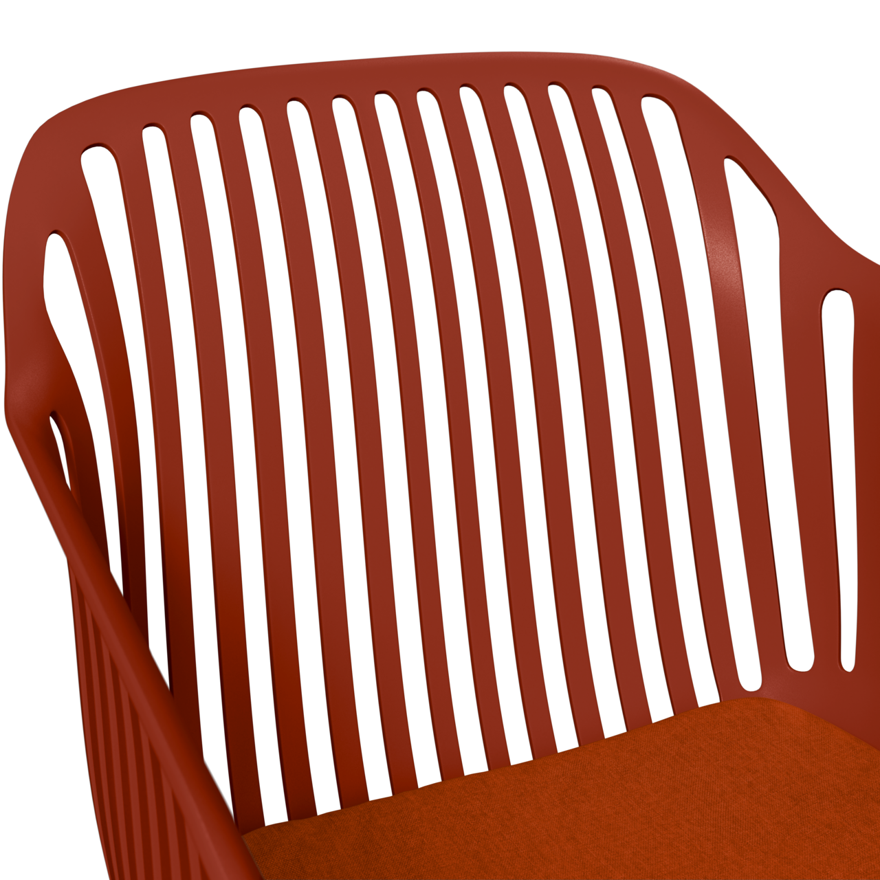 Roter Stapelsessel mit Lamellenrückenlehne, seitliche Perspektive
