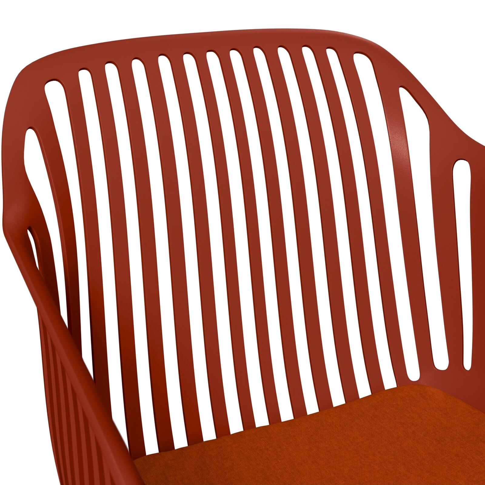 Roter Stapelsessel mit Lamellenrückenlehne, seitliche Perspektive