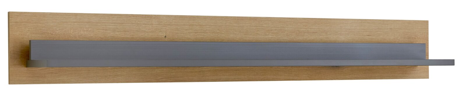 XORA Wandboard MELO Modernes Wandregal mit Holzrückwand in Eicheoptik und langem, schlankem Ablageboard aus grauem Metall, frontale Seitenansicht.