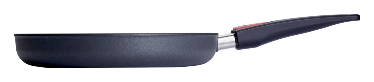 Zijaanzicht van een gietijzeren koekenpan van 28 cm Diamond Lite met afneembaar handvat