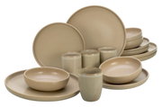 Kombiservice 16-teilig in Beige, bestehend aus Tellern, Schalen und Bechern, aus seitlicher Perspektive fotografiert.