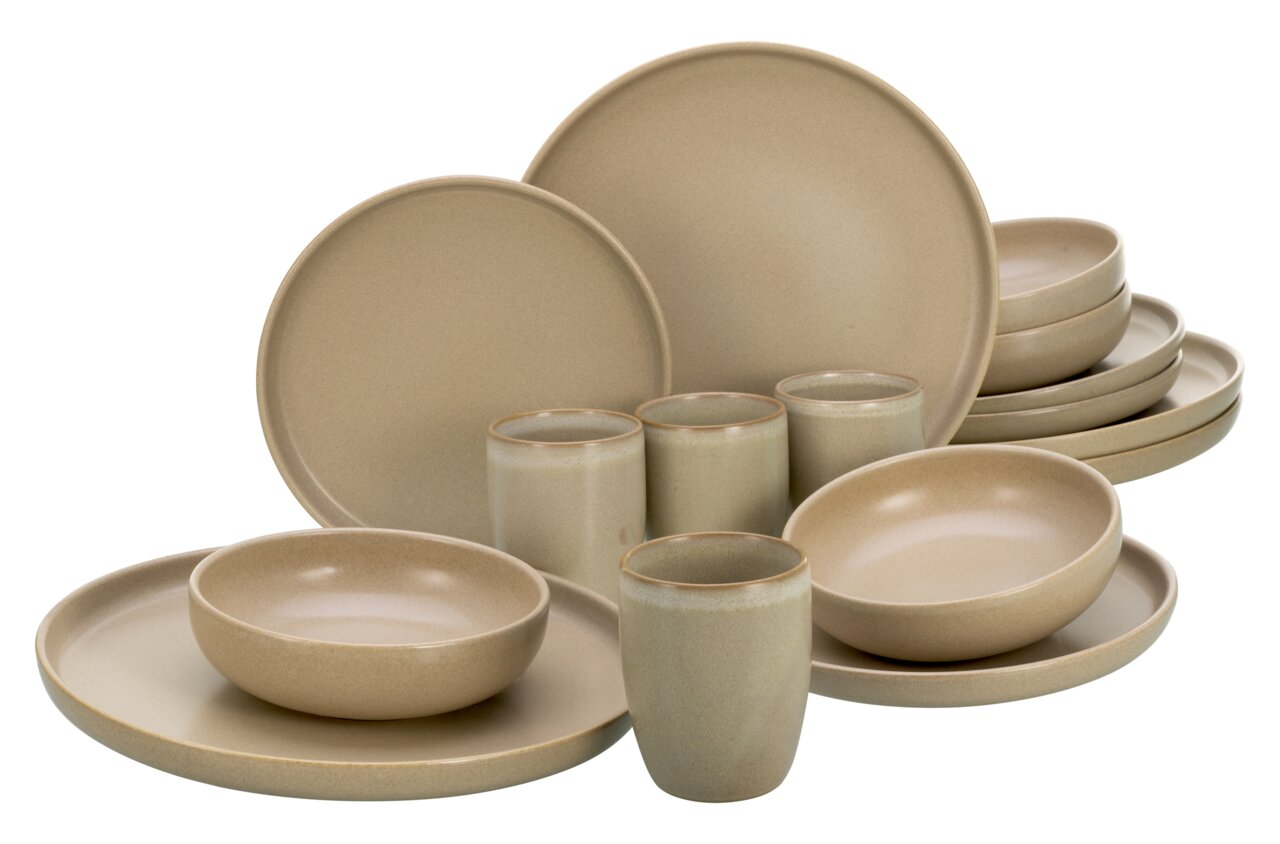 Kombiservice 16-teilig in Beige, bestehend aus Tellern, Schalen und Bechern, aus seitlicher Perspektive fotografiert.