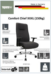 Ergonomischer XL-Drehstuhl mit hoher Rückenlehne, höhenverstellbaren Armlehnen und extra breitem Sitz, seitliche Perspektive